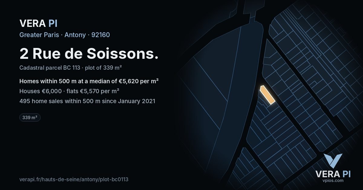 2 Rue de Soissons, Antony at night – the plot lit, the parcels around coloured by the prices near them