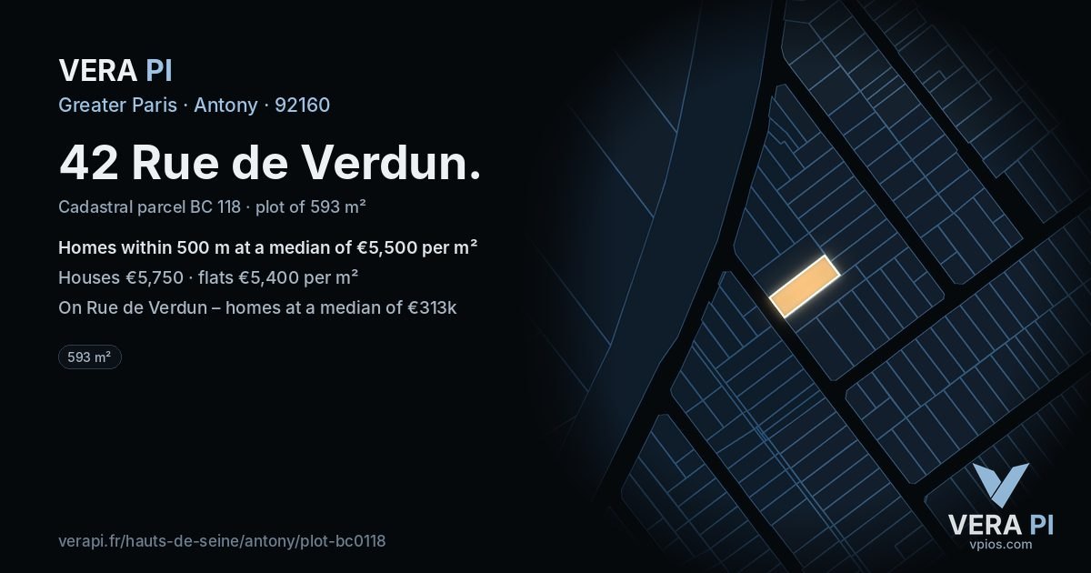 42 Rue de Verdun, Antony at night – the plot lit, the parcels around coloured by the prices near them