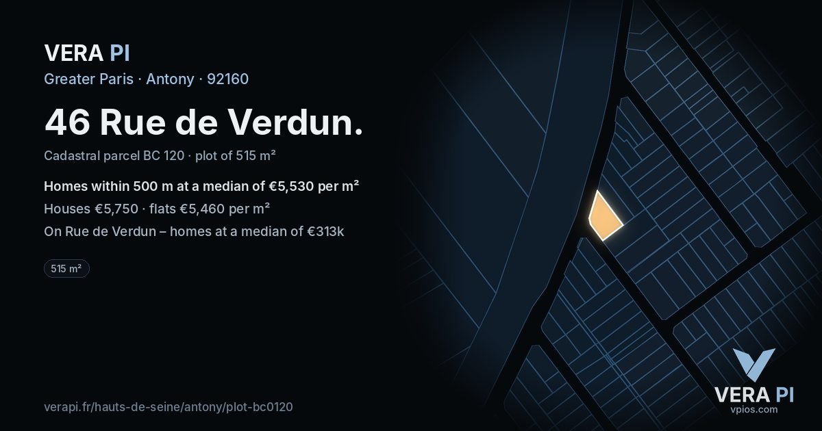 46 Rue de Verdun, Antony at night – the plot lit, the parcels around coloured by the prices near them