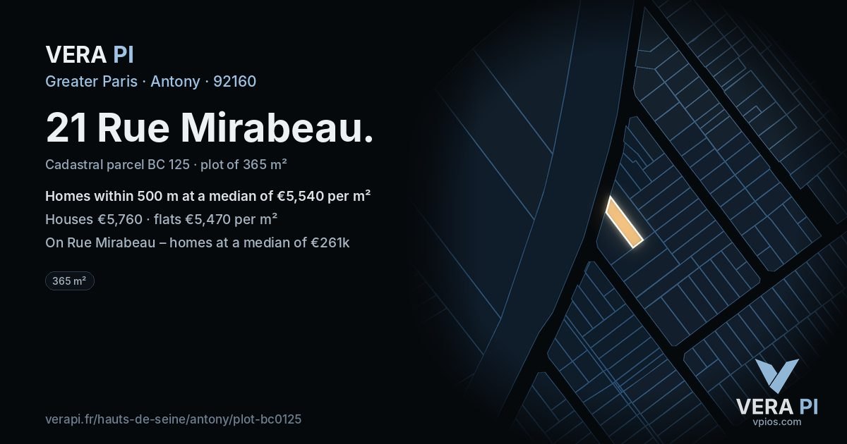 21 Rue Mirabeau, Antony at night – the plot lit, the parcels around coloured by the prices near them