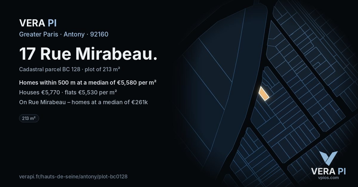 17 Rue Mirabeau, Antony at night – the plot lit, the parcels around coloured by the prices near them