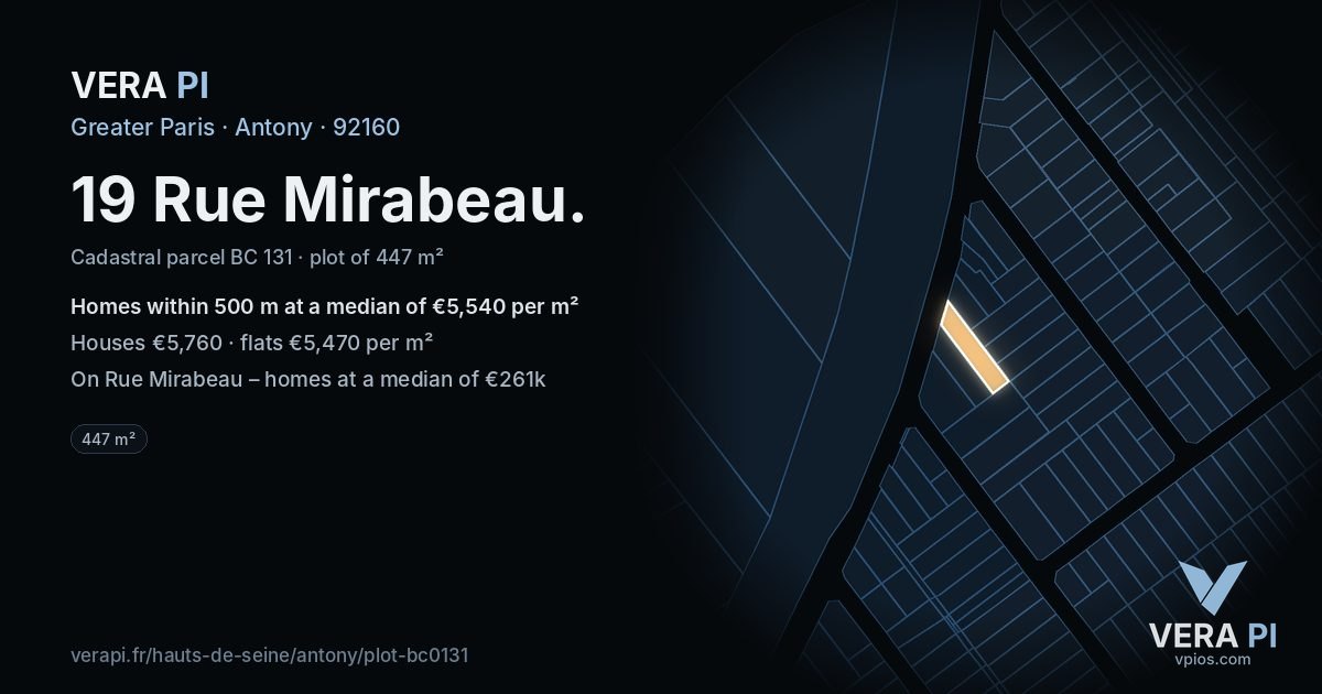 19 Rue Mirabeau, Antony at night – the plot lit, the parcels around coloured by the prices near them