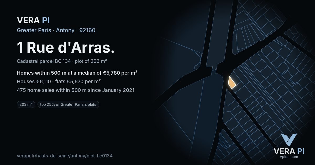 1 Rue d'Arras, Antony at night – the plot lit, the parcels around coloured by the prices near them