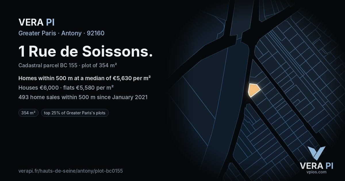 1 Rue de Soissons, Antony at night – the plot lit, the parcels around coloured by the prices near them