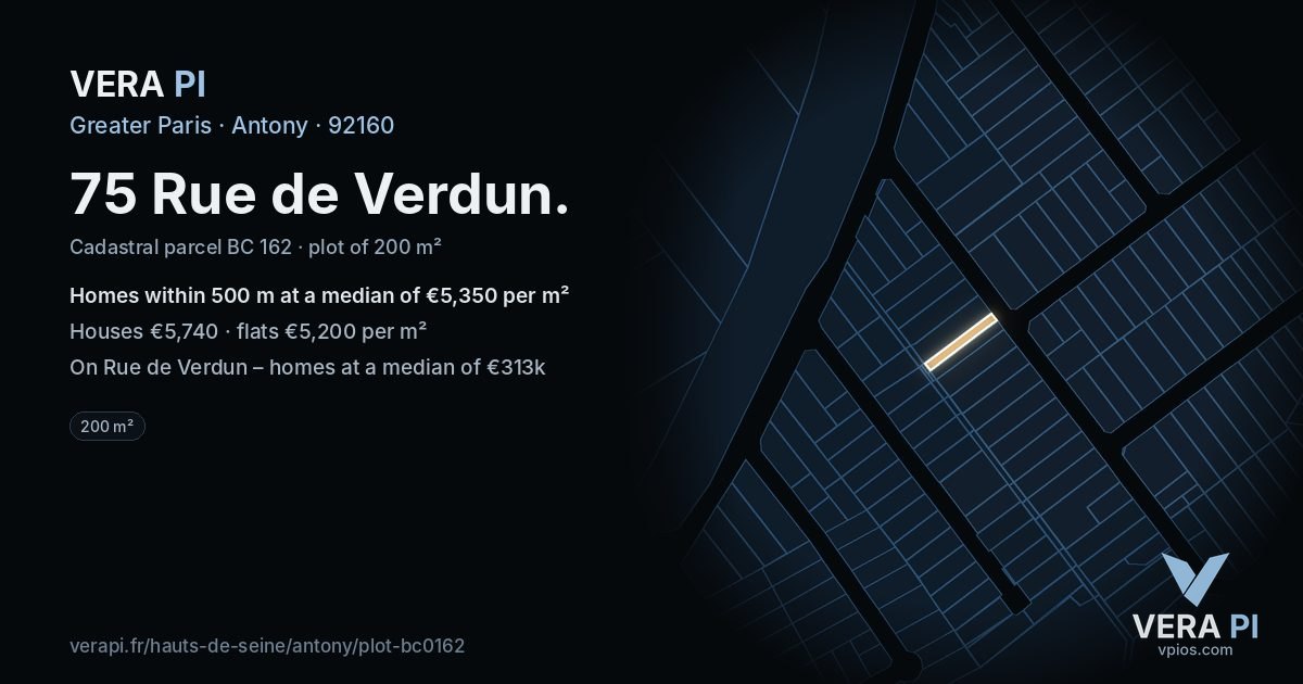 75 Rue de Verdun, Antony at night – the plot lit, the parcels around coloured by the prices near them