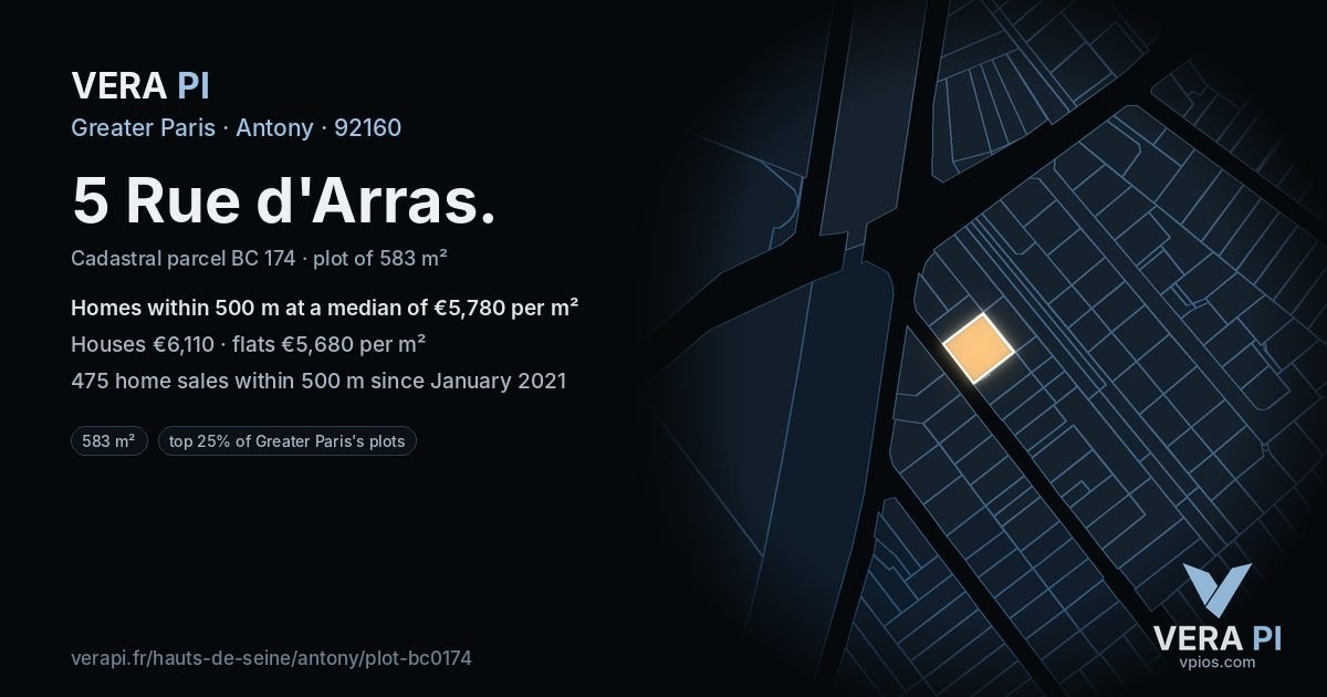 5 Rue d'Arras, Antony at night – the plot lit, the parcels around coloured by the prices near them