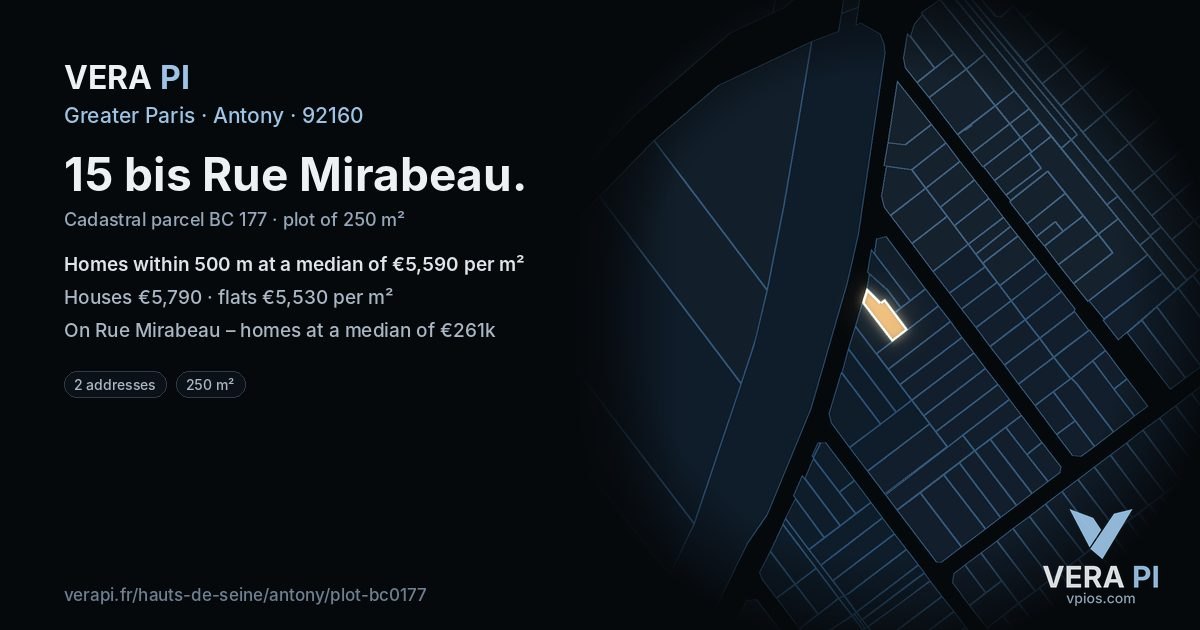 15 bis Rue Mirabeau, Antony at night – the plot lit, the parcels around coloured by the prices near them