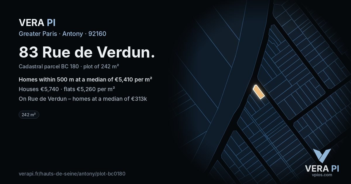 83 Rue de Verdun, Antony at night – the plot lit, the parcels around coloured by the prices near them