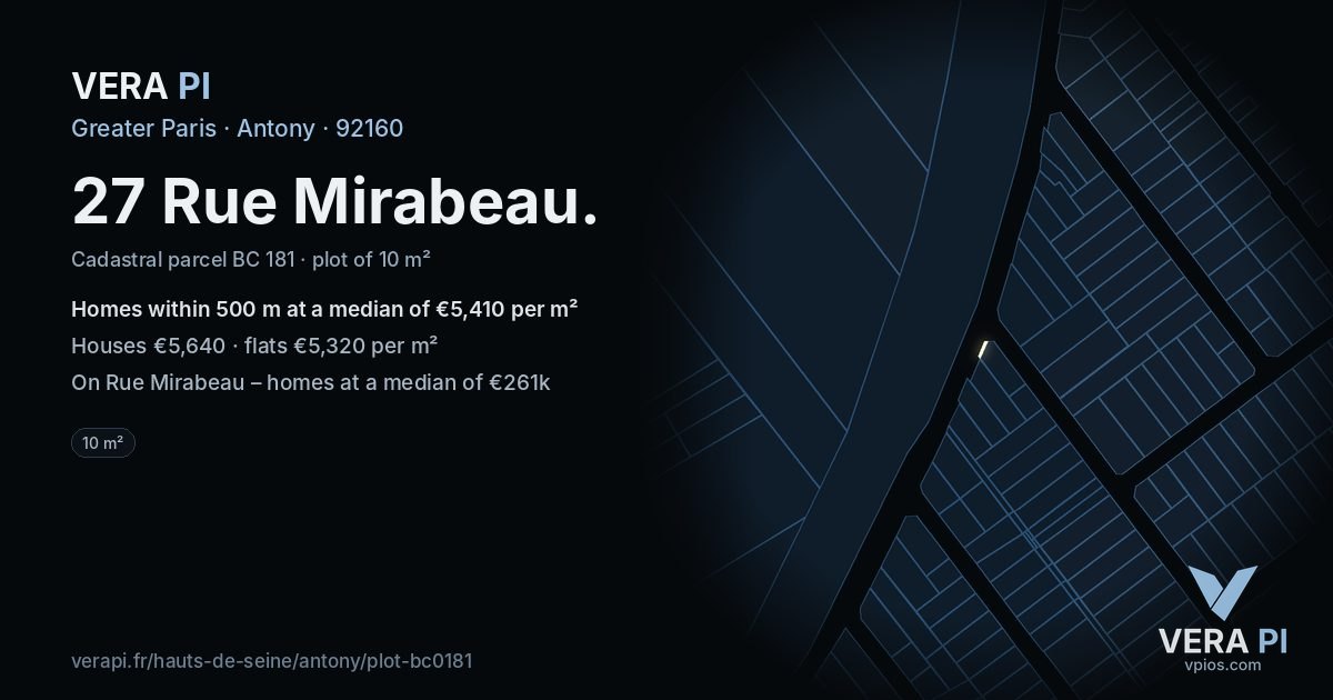 27 Rue Mirabeau, Antony at night – the plot lit, the parcels around coloured by the prices near them