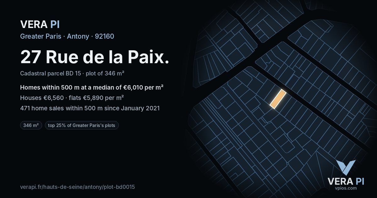 27 Rue de la Paix, Antony at night – the plot lit, the parcels around coloured by the prices near them
