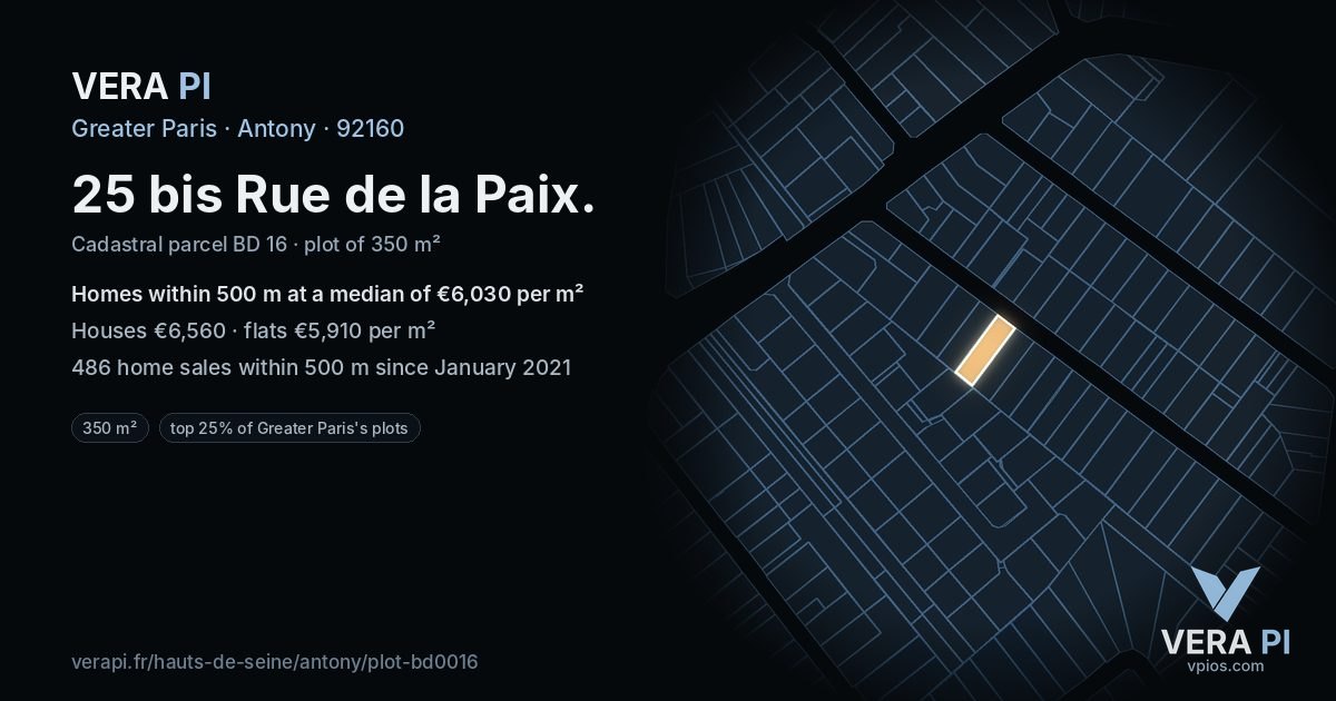 25 bis Rue de la Paix, Antony at night – the plot lit, the parcels around coloured by the prices near them