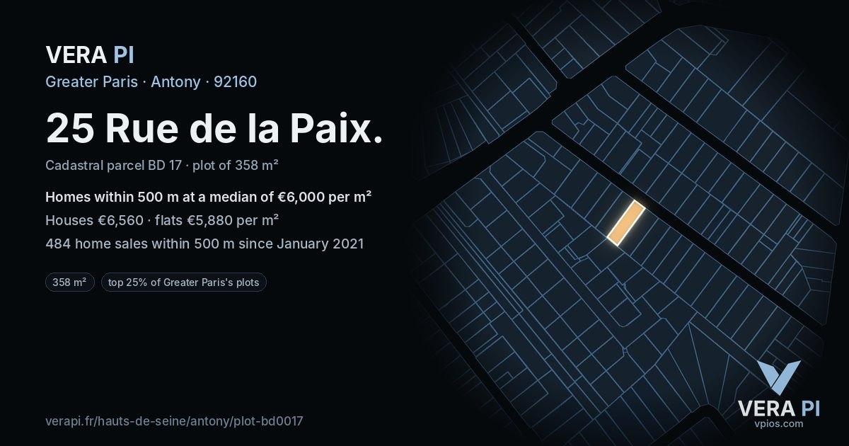25 Rue de la Paix, Antony at night – the plot lit, the parcels around coloured by the prices near them