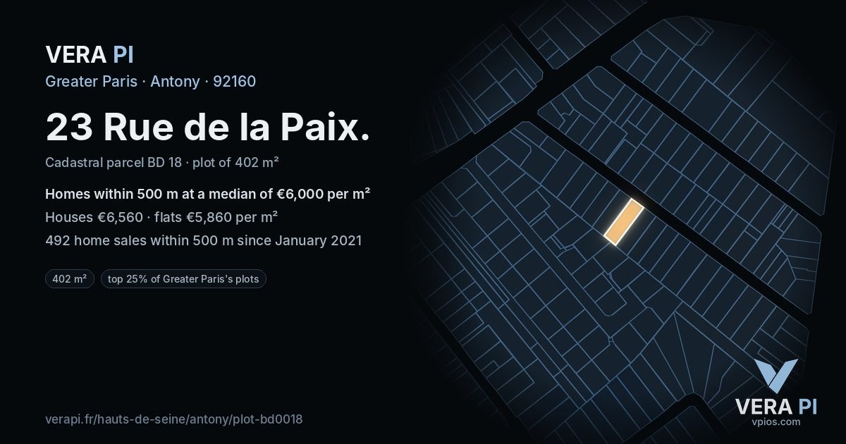 23 Rue de la Paix, Antony at night – the plot lit, the parcels around coloured by the prices near them