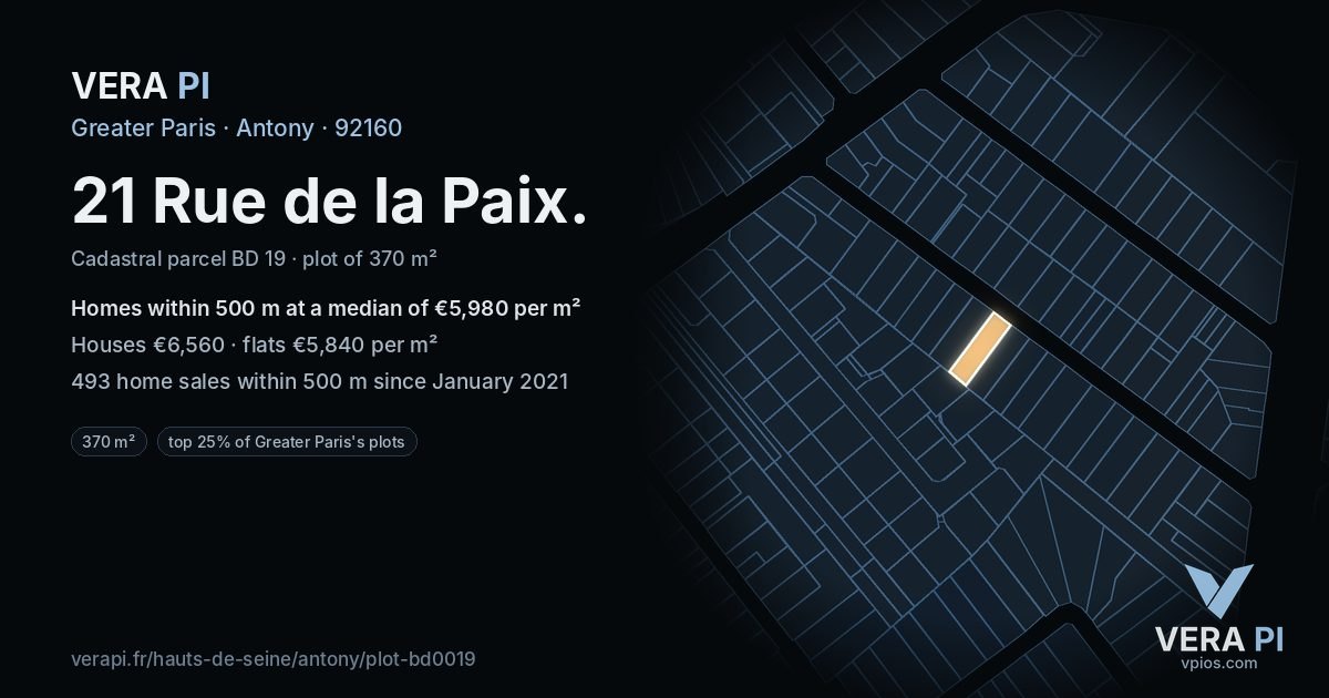 21 Rue de la Paix, Antony at night – the plot lit, the parcels around coloured by the prices near them