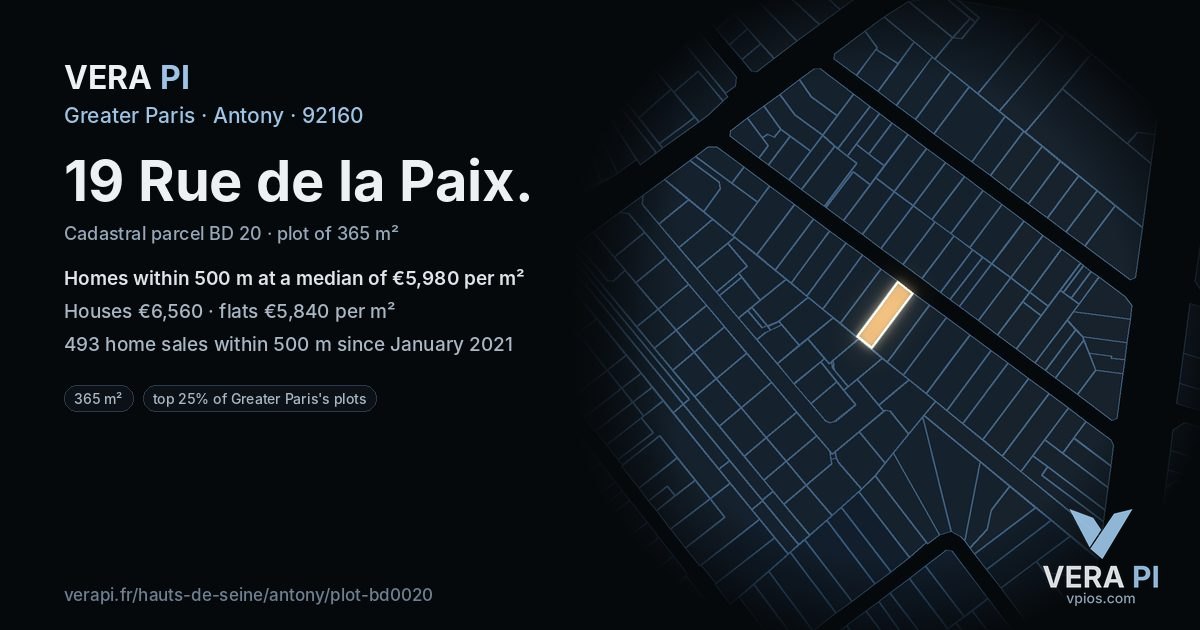 19 Rue de la Paix, Antony at night – the plot lit, the parcels around coloured by the prices near them