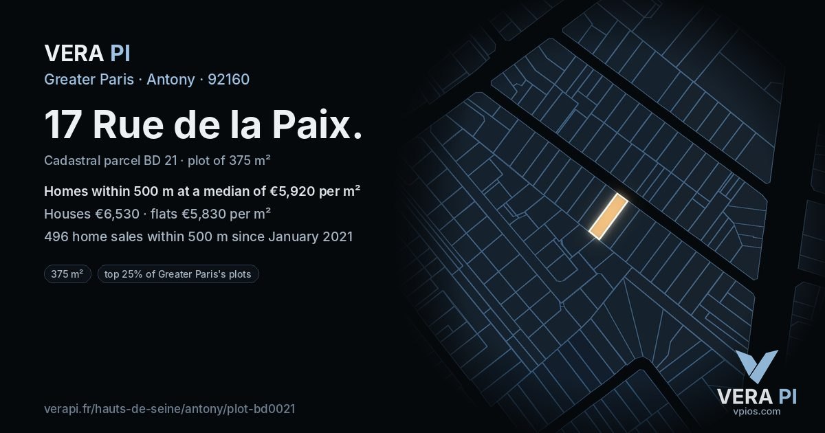 17 Rue de la Paix, Antony at night – the plot lit, the parcels around coloured by the prices near them
