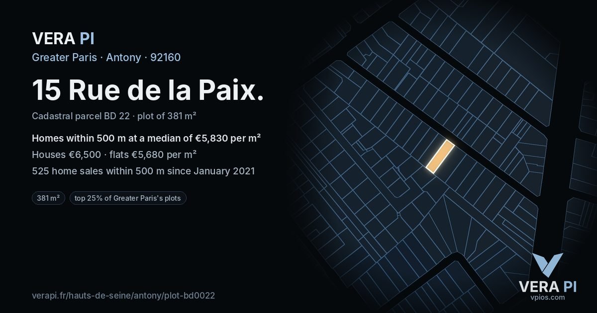 15 Rue de la Paix, Antony at night – the plot lit, the parcels around coloured by the prices near them