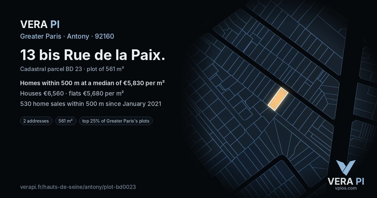 13 bis Rue de la Paix, Antony at night – the plot lit, the parcels around coloured by the prices near them
