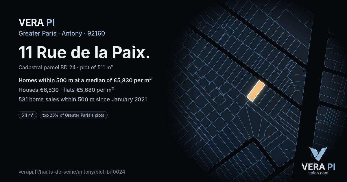 11 Rue de la Paix, Antony at night – the plot lit, the parcels around coloured by the prices near them