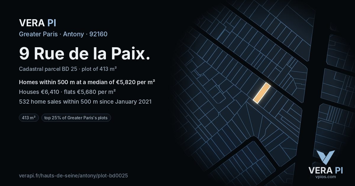 9 Rue de la Paix, Antony at night – the plot lit, the parcels around coloured by the prices near them