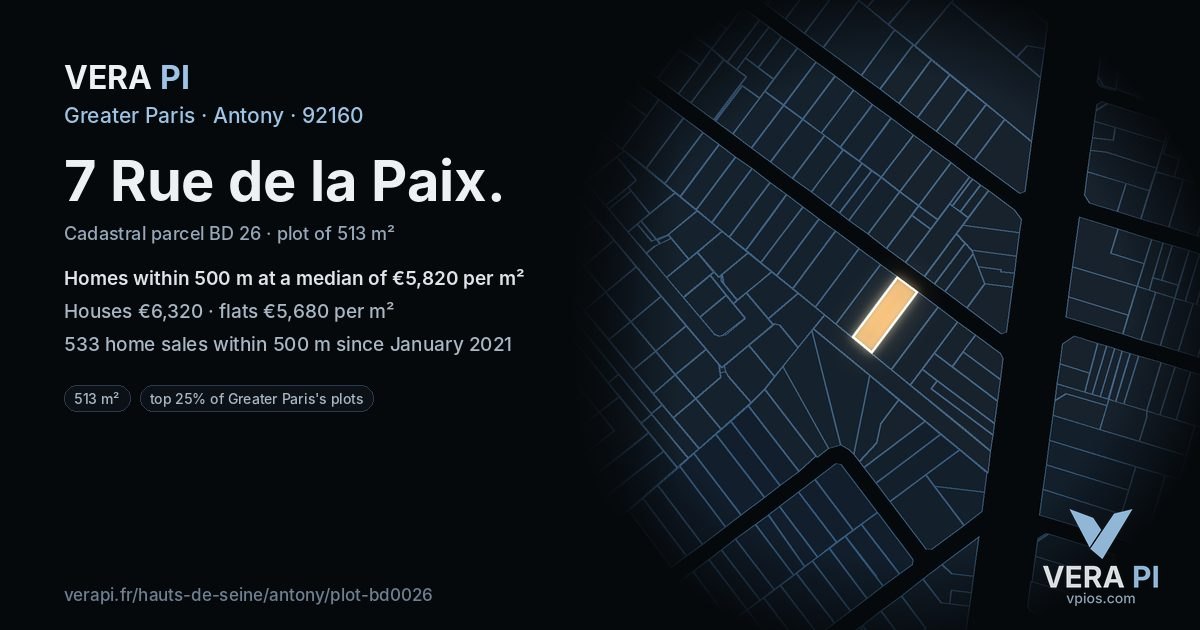 7 Rue de la Paix, Antony at night – the plot lit, the parcels around coloured by the prices near them