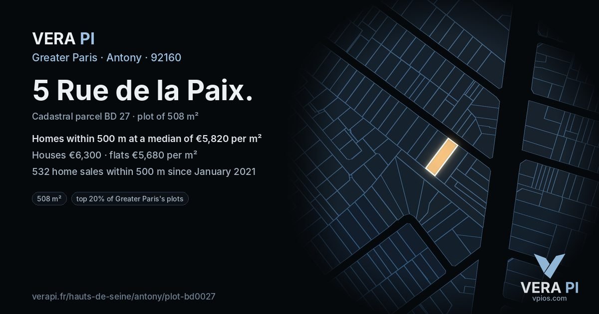 5 Rue de la Paix, Antony at night – the plot lit, the parcels around coloured by the prices near them