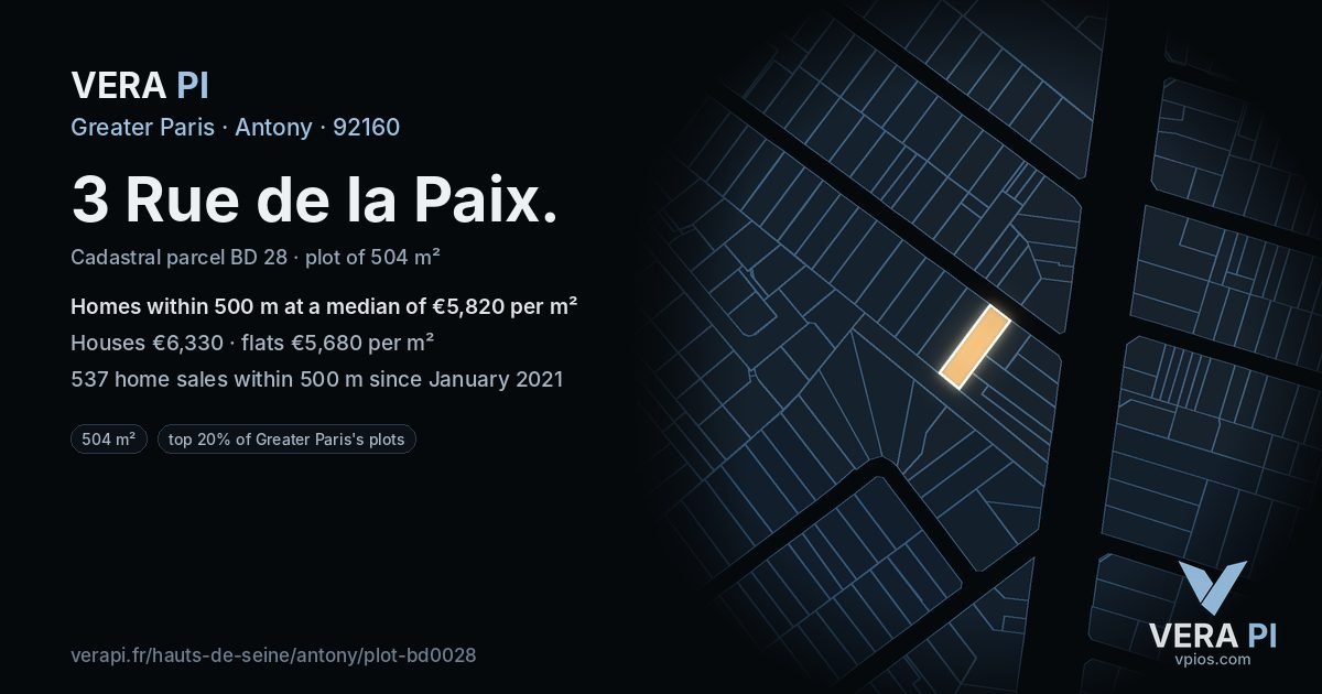 3 Rue de la Paix, Antony at night – the plot lit, the parcels around coloured by the prices near them