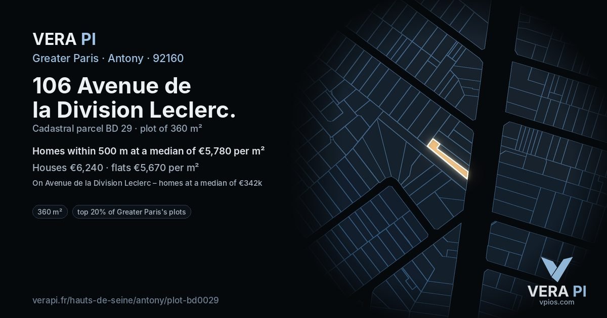 106 Avenue de la Division Leclerc, Antony at night – the plot lit, the parcels around coloured by the prices near them