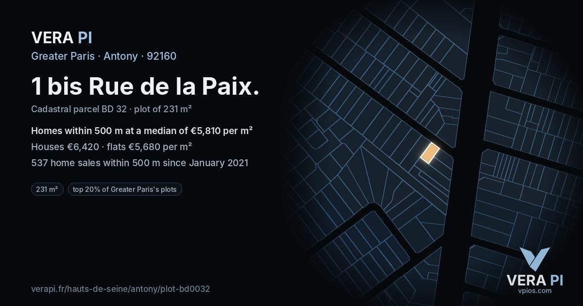 1 bis Rue de la Paix, Antony at night – the plot lit, the parcels around coloured by the prices near them