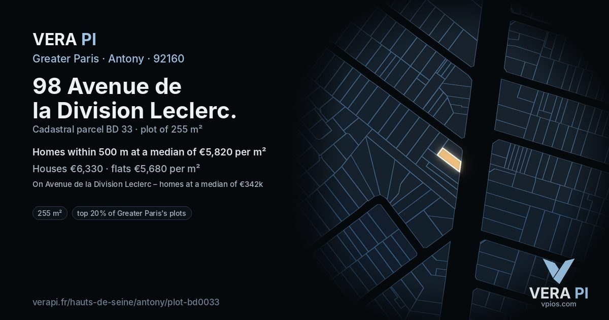 98 Avenue de la Division Leclerc, Antony at night – the plot lit, the parcels around coloured by the prices near them