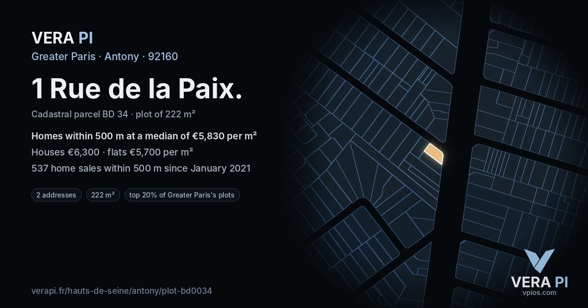 1 Rue de la Paix, Antony at night – the plot lit, the parcels around coloured by the prices near them