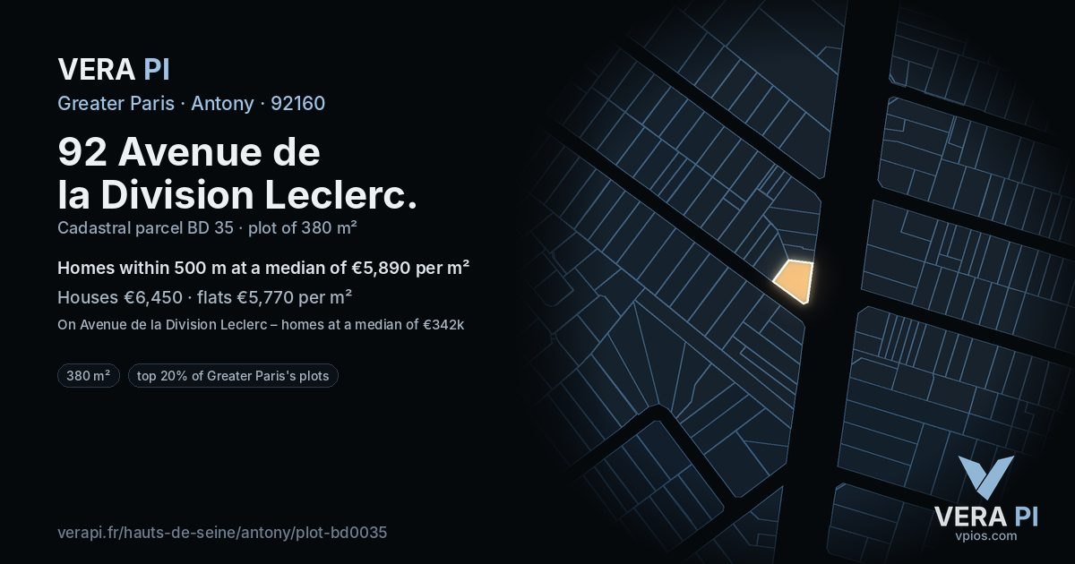 92 Avenue de la Division Leclerc, Antony at night – the plot lit, the parcels around coloured by the prices near them