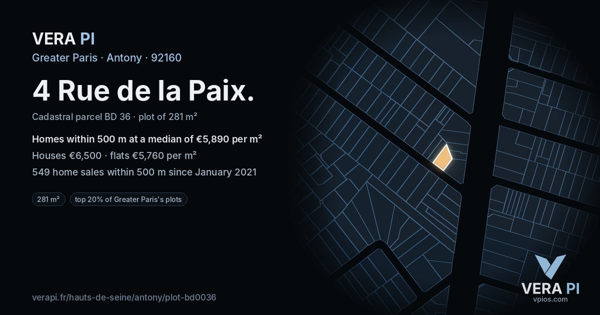 4 Rue de la Paix, Antony at night – the plot lit, the parcels around coloured by the prices near them