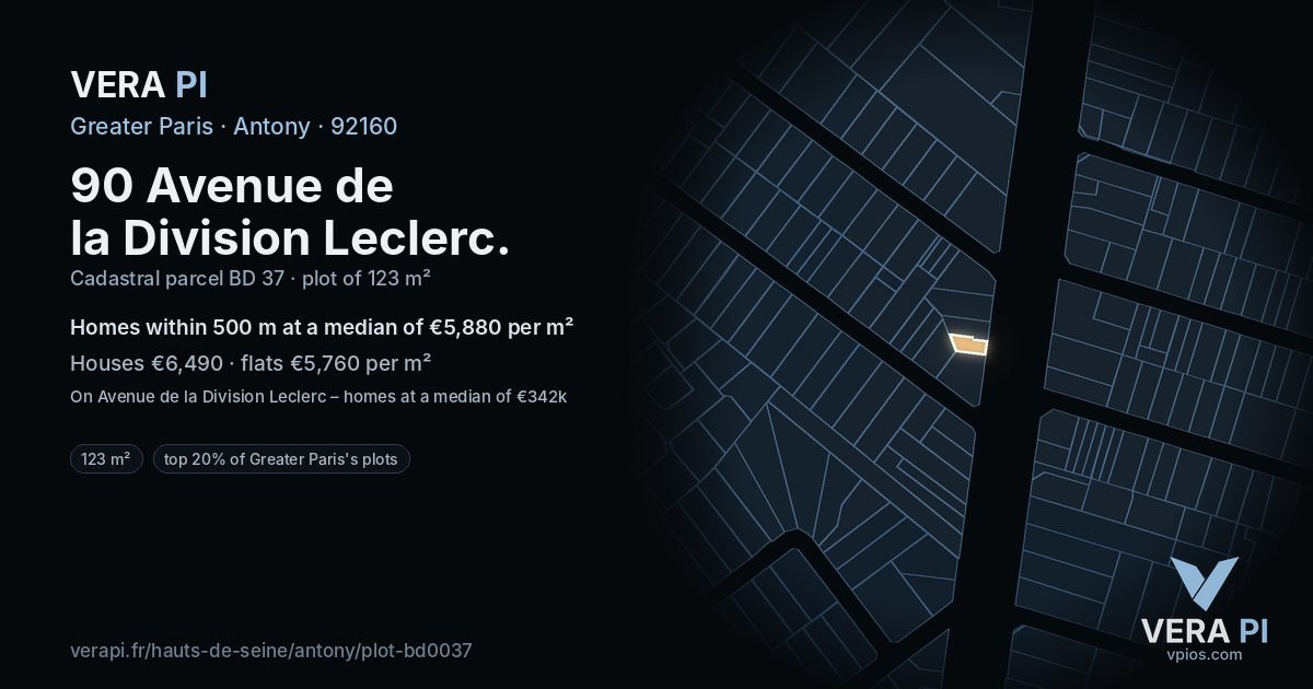 90 Avenue de la Division Leclerc, Antony at night – the plot lit, the parcels around coloured by the prices near them