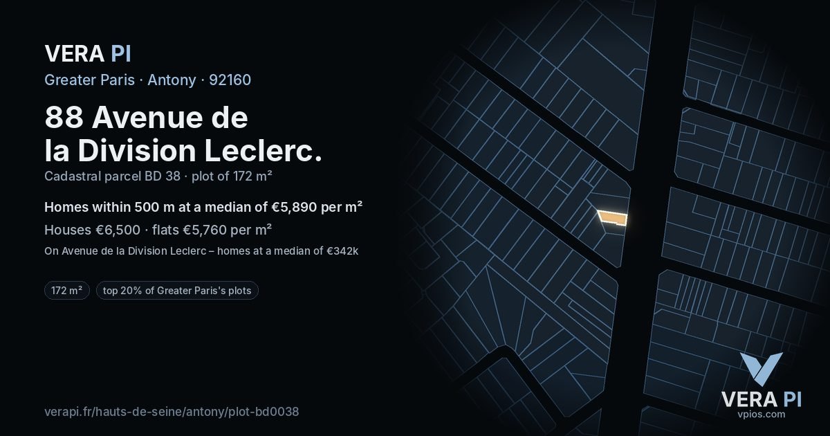 88 Avenue de la Division Leclerc, Antony at night – the plot lit, the parcels around coloured by the prices near them