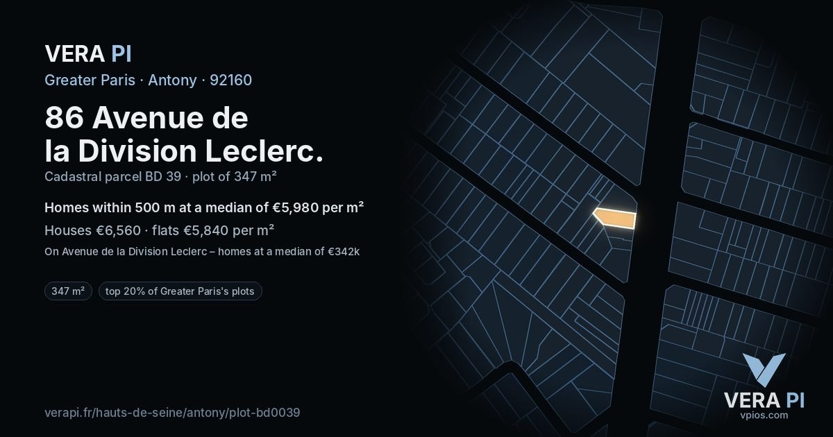 86 Avenue de la Division Leclerc, Antony at night – the plot lit, the parcels around coloured by the prices near them