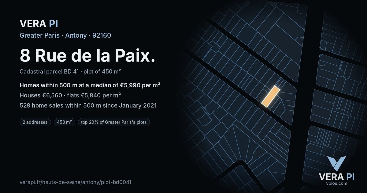 8 Rue de la Paix, Antony at night – the plot lit, the parcels around coloured by the prices near them