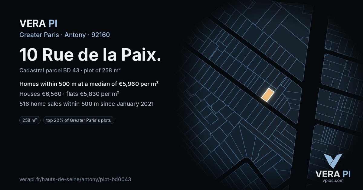 10 Rue de la Paix, Antony at night – the plot lit, the parcels around coloured by the prices near them