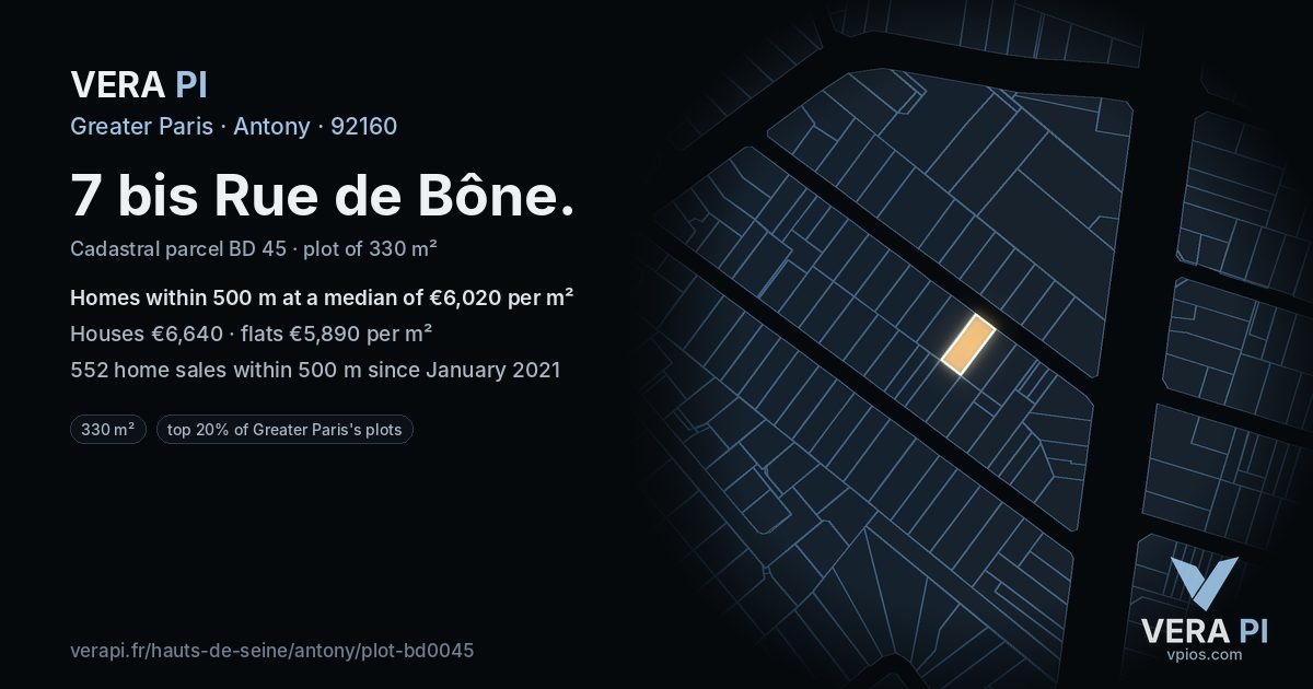 7 bis Rue de Bône, Antony at night – the plot lit, the parcels around coloured by the prices near them