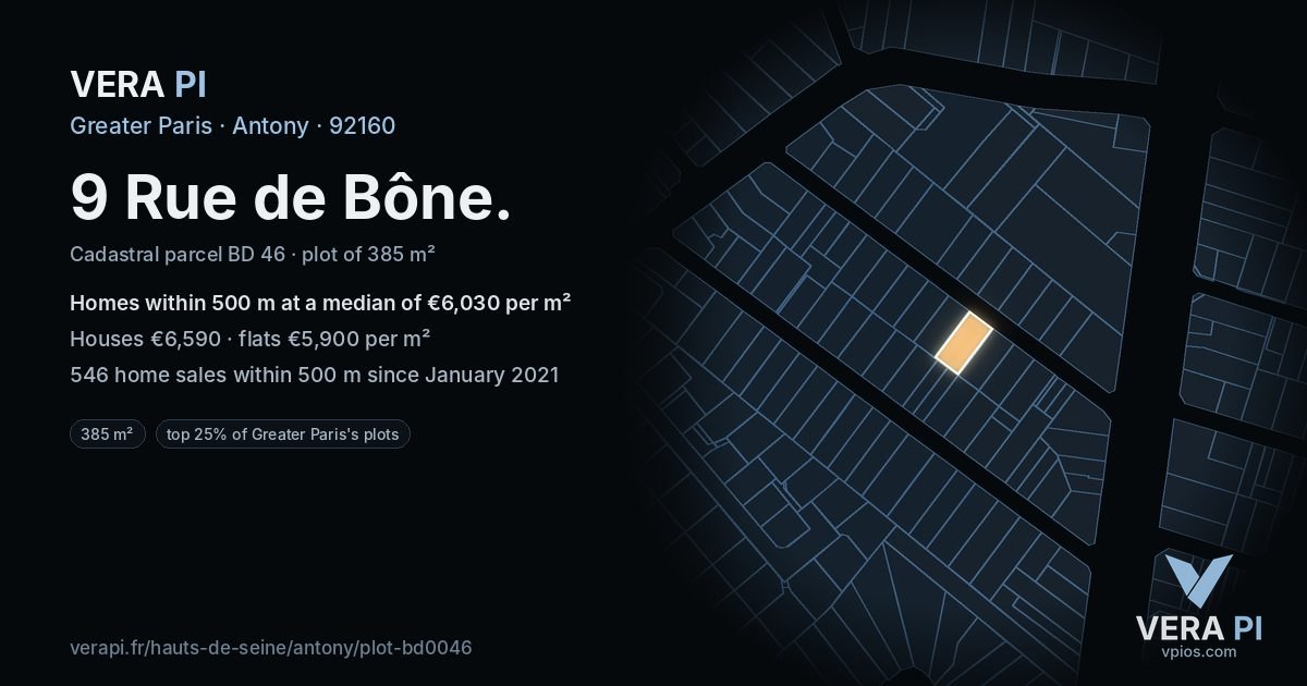 9 Rue de Bône, Antony at night – the plot lit, the parcels around coloured by the prices near them