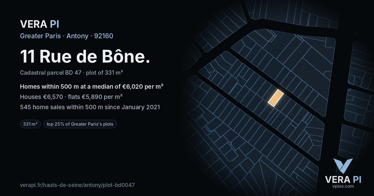 11 Rue de Bône, Antony at night – the plot lit, the parcels around coloured by the prices near them