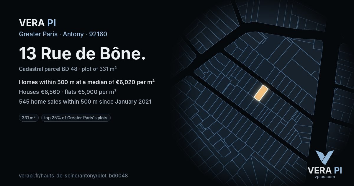 13 Rue de Bône, Antony at night – the plot lit, the parcels around coloured by the prices near them