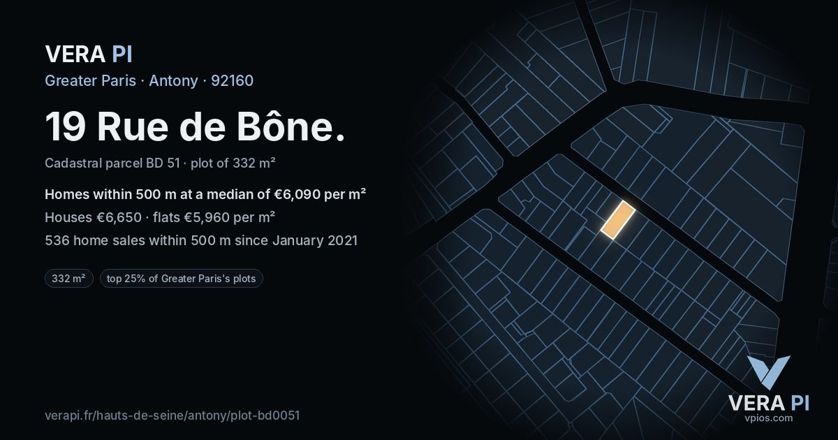 19 Rue de Bône, Antony at night – the plot lit, the parcels around coloured by the prices near them