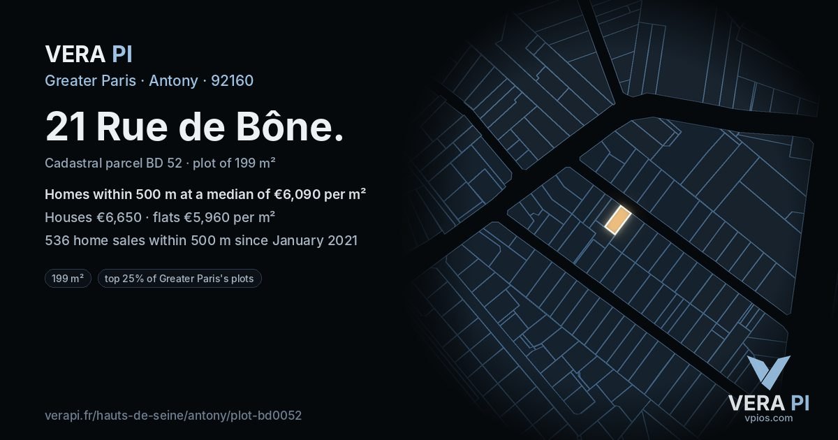 21 Rue de Bône, Antony at night – the plot lit, the parcels around coloured by the prices near them