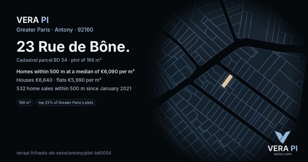 23 Rue de Bône, Antony at night – the plot lit, the parcels around coloured by the prices near them
