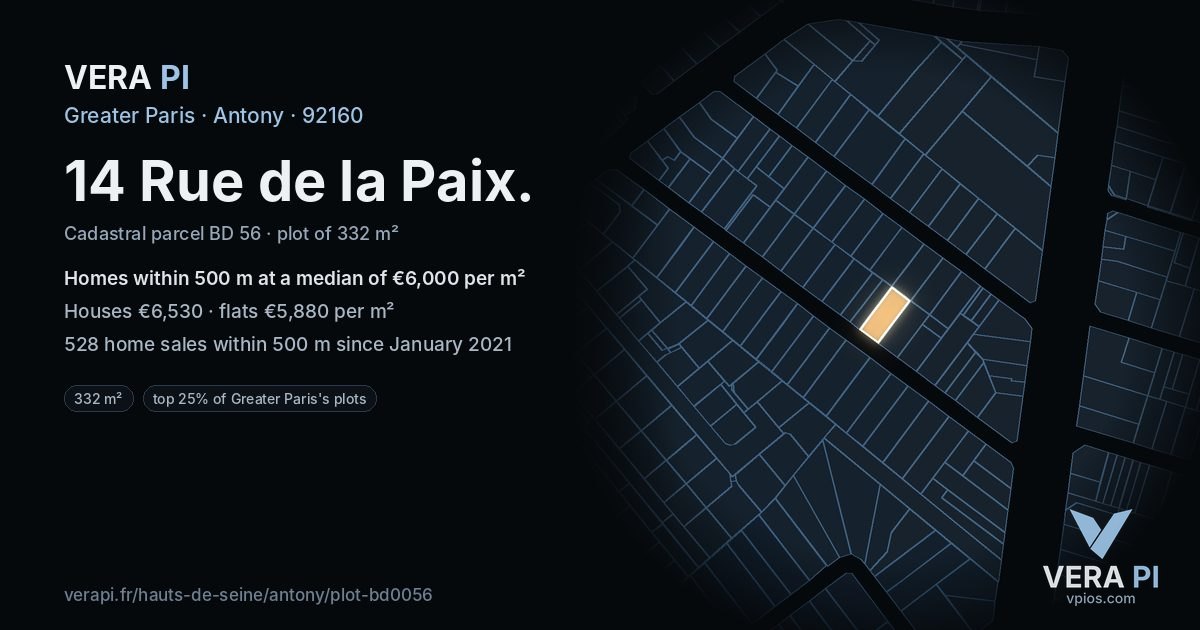 14 Rue de la Paix, Antony at night – the plot lit, the parcels around coloured by the prices near them