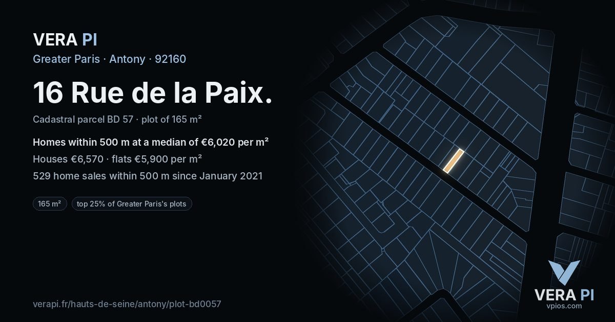16 Rue de la Paix, Antony at night – the plot lit, the parcels around coloured by the prices near them