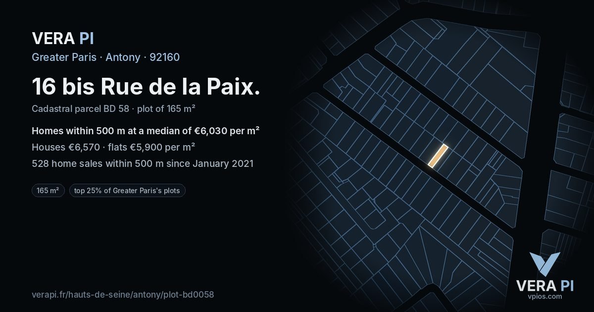 16 bis Rue de la Paix, Antony at night – the plot lit, the parcels around coloured by the prices near them