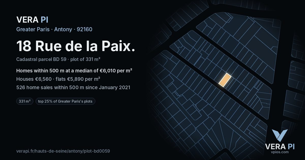 18 Rue de la Paix, Antony at night – the plot lit, the parcels around coloured by the prices near them