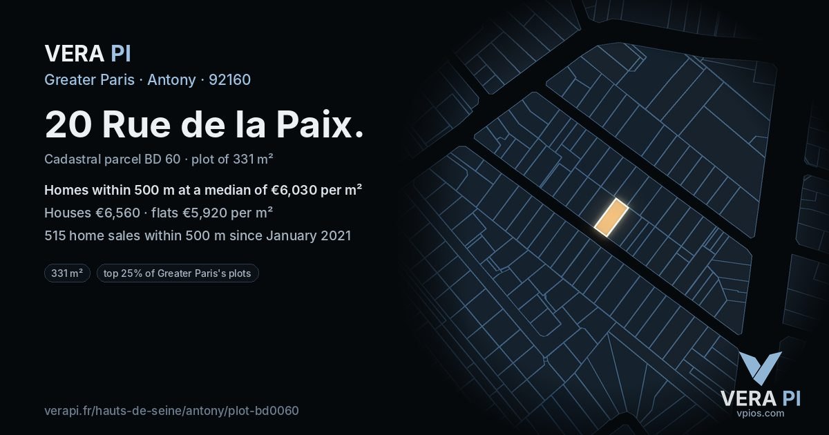 20 Rue de la Paix, Antony at night – the plot lit, the parcels around coloured by the prices near them